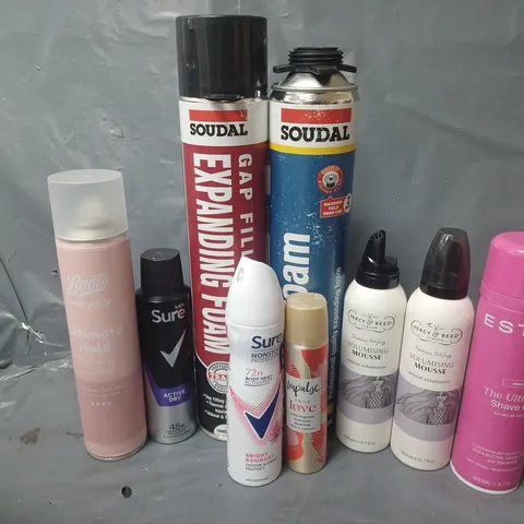APPROXIMATELY 14 ASSORTED AEROSOLS TO INCLUDE ASTRID SHAVE GEL, SOUDAL SOUNDAFOAM GAP FILLER, VOLUMISNG MOUSSE, ETC - COLLECTION ONLY