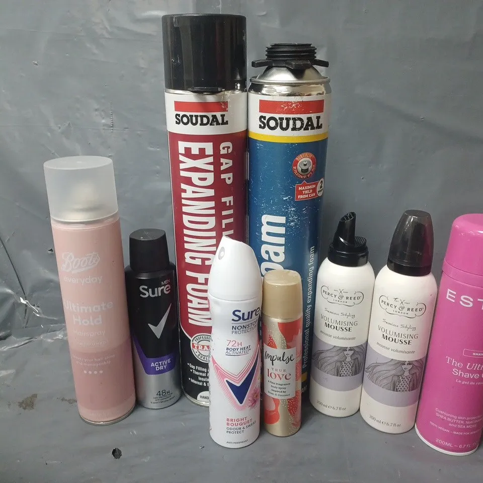 APPROXIMATELY 14 ASSORTED AEROSOLS TO INCLUDE ASTRID SHAVE GEL, SOUDAL SOUNDAFOAM GAP FILLER, VOLUMISNG MOUSSE, ETC - COLLECTION ONLY