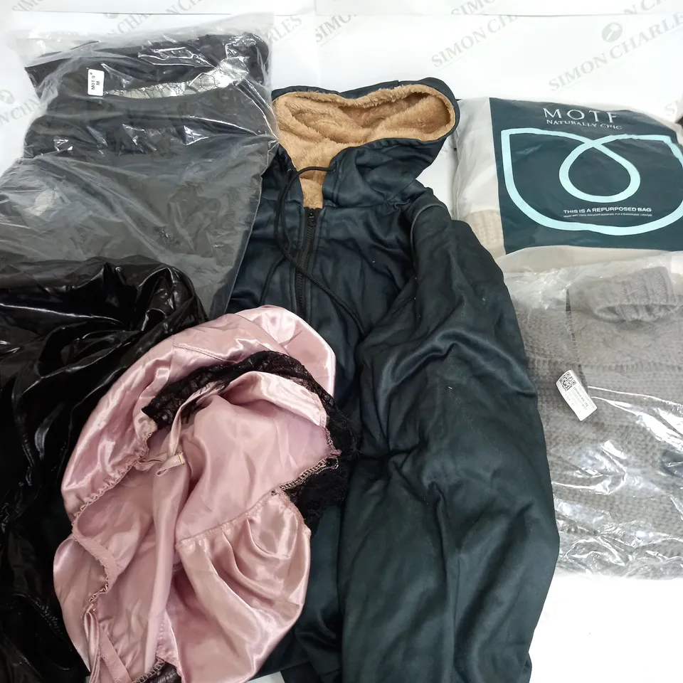 LARGE BOX OF ASSORTED CLOTHING ITEMS IN VARIOUS COLOURS AND SIZES INCLUDING TROUSERS , TOPS AND JUMPERS 