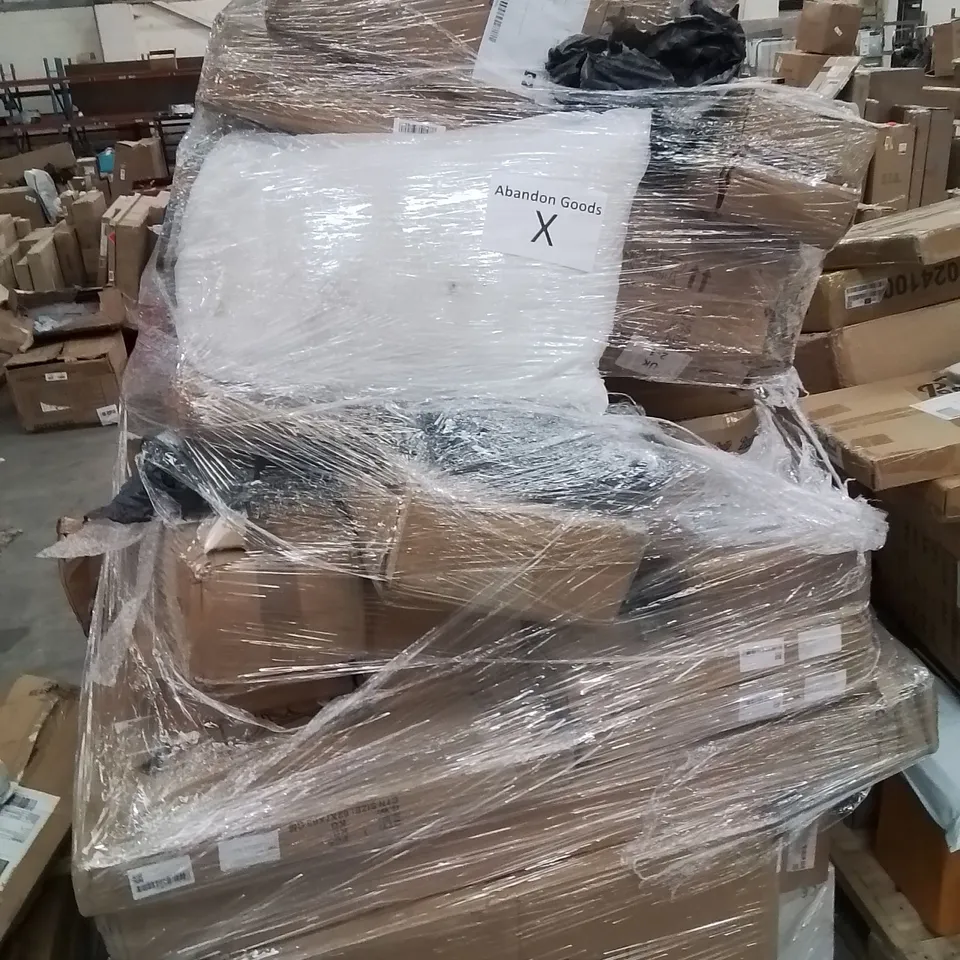 PALLET CONTAINING VARIOUS ASSORTED BOXED HOUSEHOLD RETURNS/ELECTRICAL/GARDEN ITEMS TO INCLUDE: BRUSH CUTTERS, BAKING TRAYS, TYRE INFLATOR GUN AND LOTS MORE UNMARKED BOXED ITEMS 