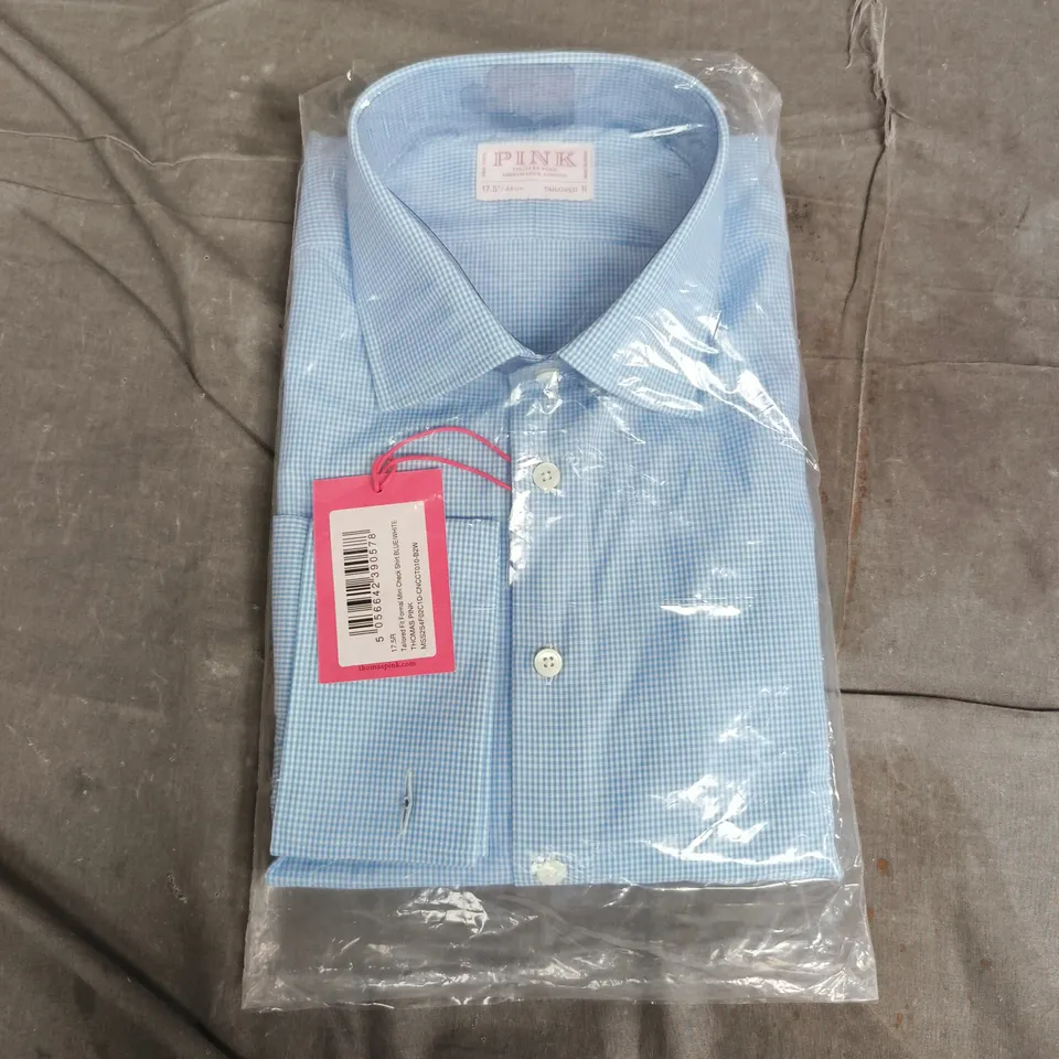 BAGGED THOMAS PINK TAILORED FIT FORMAL MINI CHECK SHIRT IN BLUE/WHITE - 17.5R