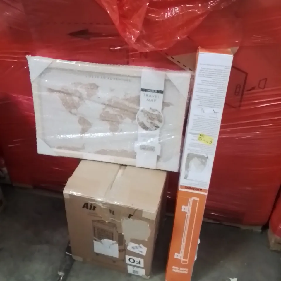 PALLET OF ASSORTED HOUSEHOLD GOODS AND PRODUCTS TO INCLUDE;AIR COOLER,RETRACTABLE SAFETY GATE,TRAVEL MAP