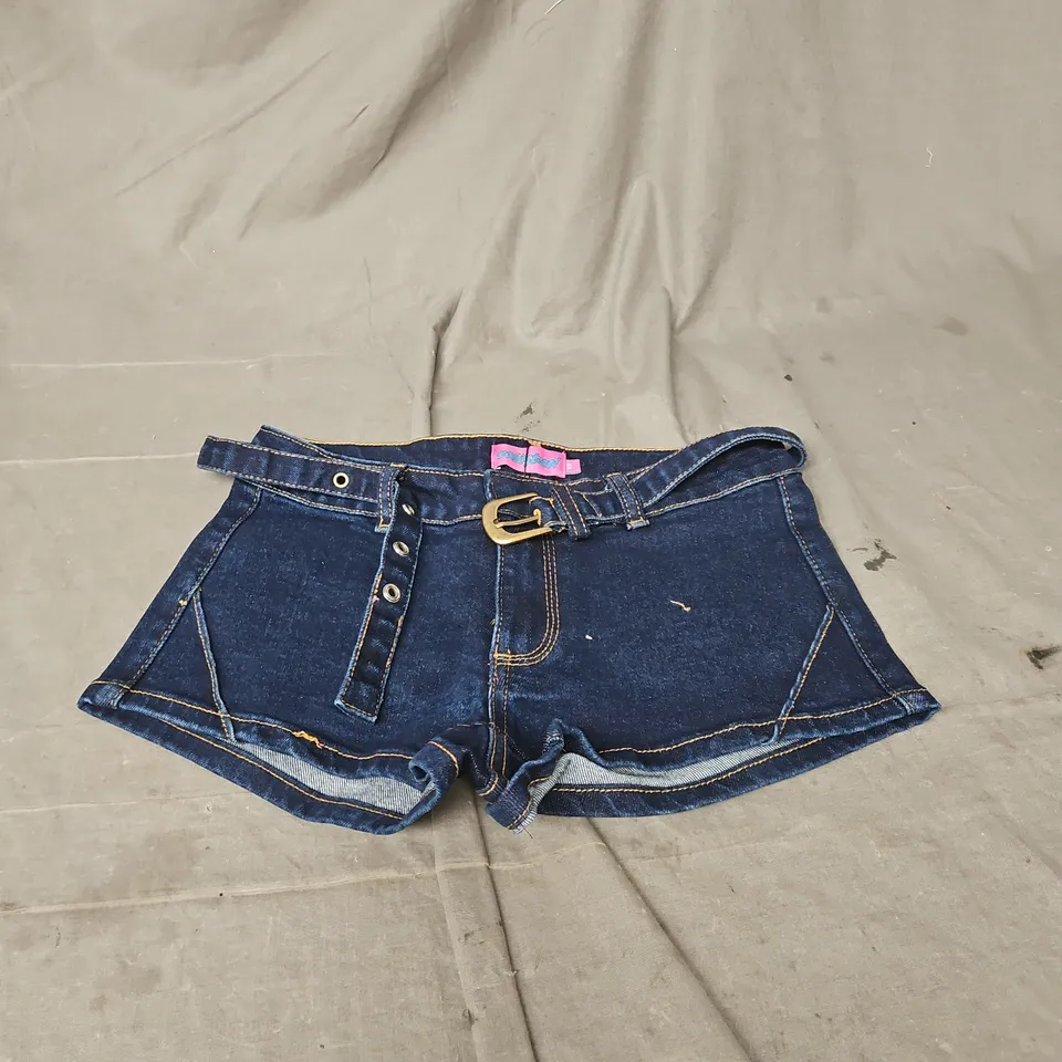 EDIKTED CIEL LOW RISE DENIM MICRO SHORTS IN DARK BLUE SIZE XS