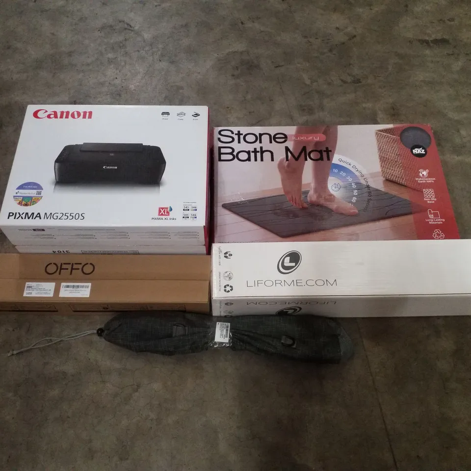 PALLET CONTAINING ASSORTED PRODUCTS INCLUDING STONE BATH MAT, CANON PIXMA MG2550S PRINTER, YOGA MAT, SHOWER RAIL RIDERS & TELESCOPIC LANDING NET