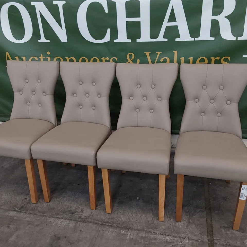 SET OF FOUR UPHOLSTERED BUTTONED BACK DINING CHAIRS BEIGE PU ON NATURAL WOOD LEGS 