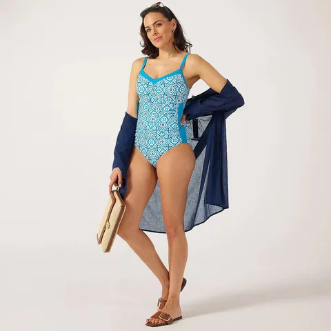 RUTH LANGSFORD HOLIDAY SHOP PRINTED CONTRAST PANEL SWIMSUIT BLUE GEO SIZE 14