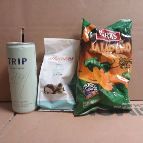 APPROXIMATELY 15 ASSORTED FOOD AND DRINK ITEMS TO INCLUDE HERR'S, TRIP, ETC