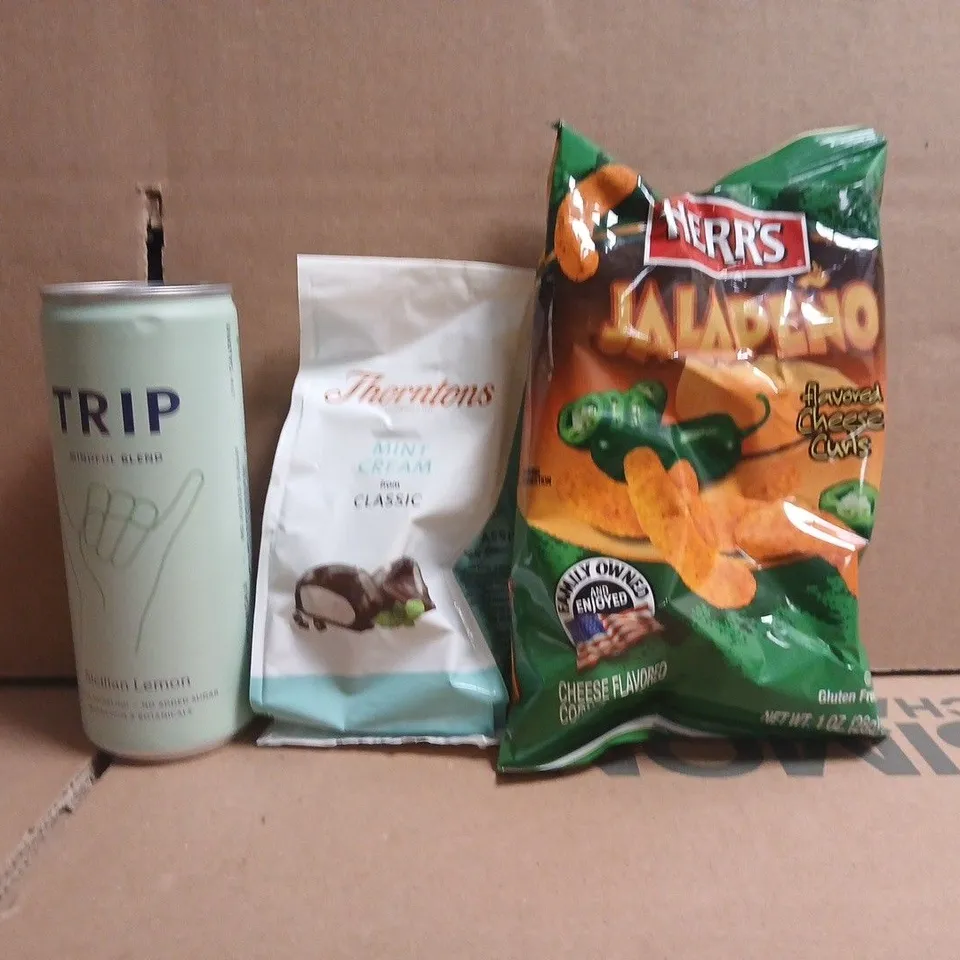 APPROXIMATELY 15 ASSORTED FOOD AND DRINK ITEMS TO INCLUDE HERR'S, TRIP, ETC