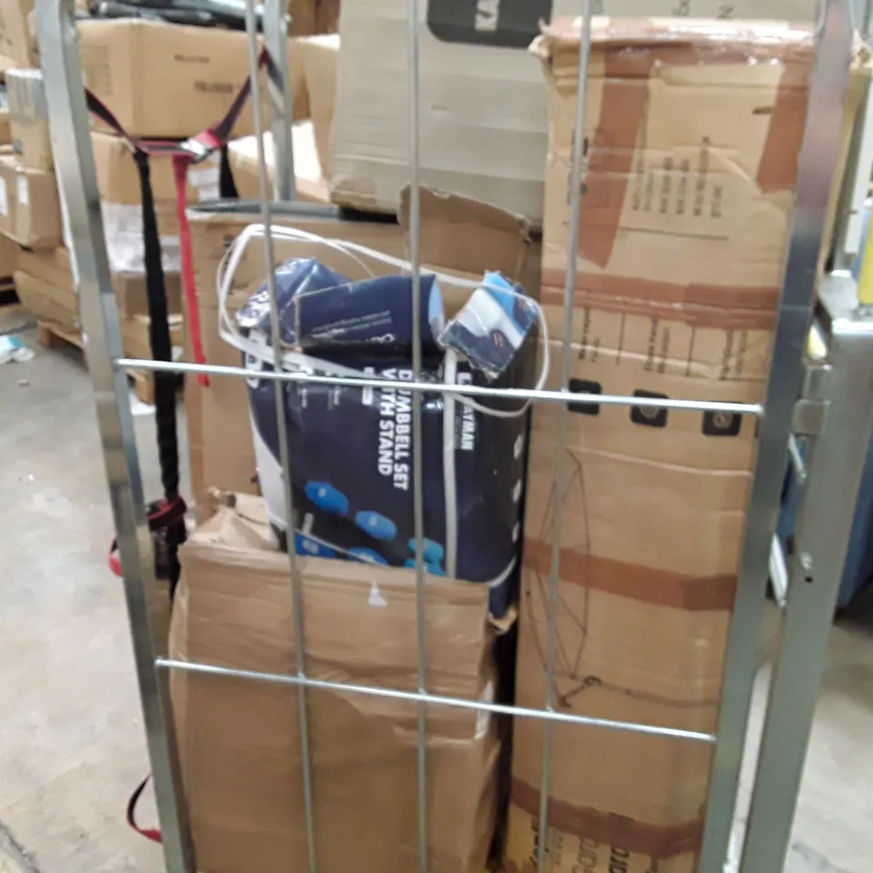 CAGE TO CONTAIN AN ASSORTMENT OF HOUSEHOLD ITEMS TO INCLUDE DUMBELL, DOG CRATES EXERCISE MATS ECT