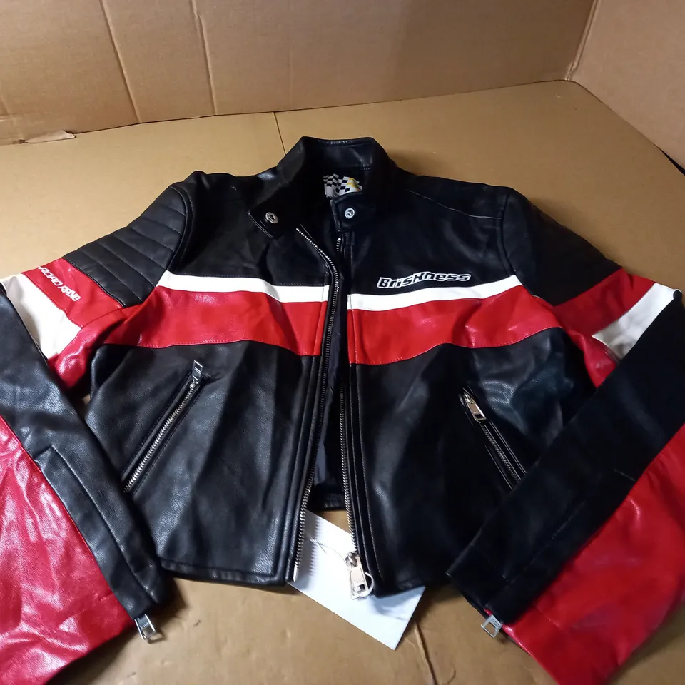BERSHKA FAUX LEATHER JACKET - BLACK/RED/WHITE SIZE EU S