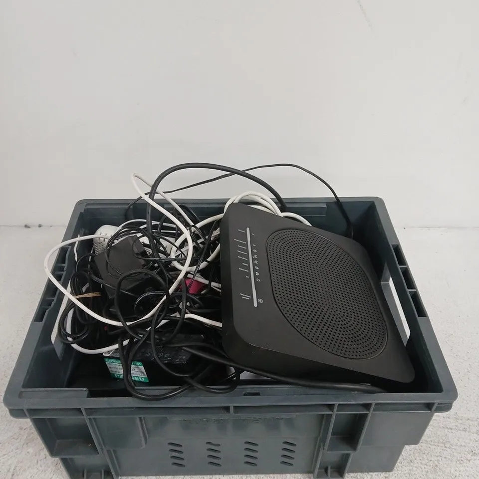 TOTE OF APPROXIMATELY 10 ASSORTED ITEMS INCLUDING A UTP PATCH CABLE, A LENOVO AC ADAPTER AND A HDMI CABLE
