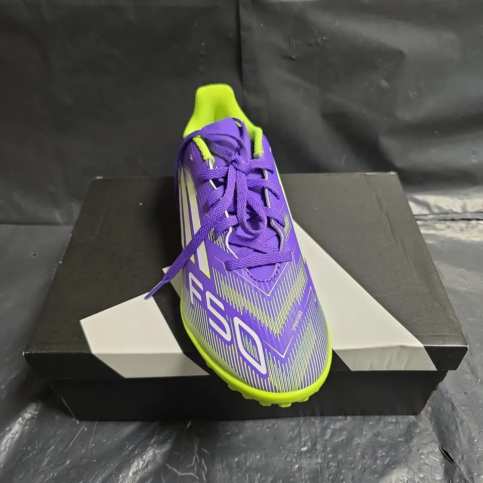 ADIDAS KIDS F50 CLUB TF J FOOTBALL BOOTS - PURPLE & NEON GREEN, UK4