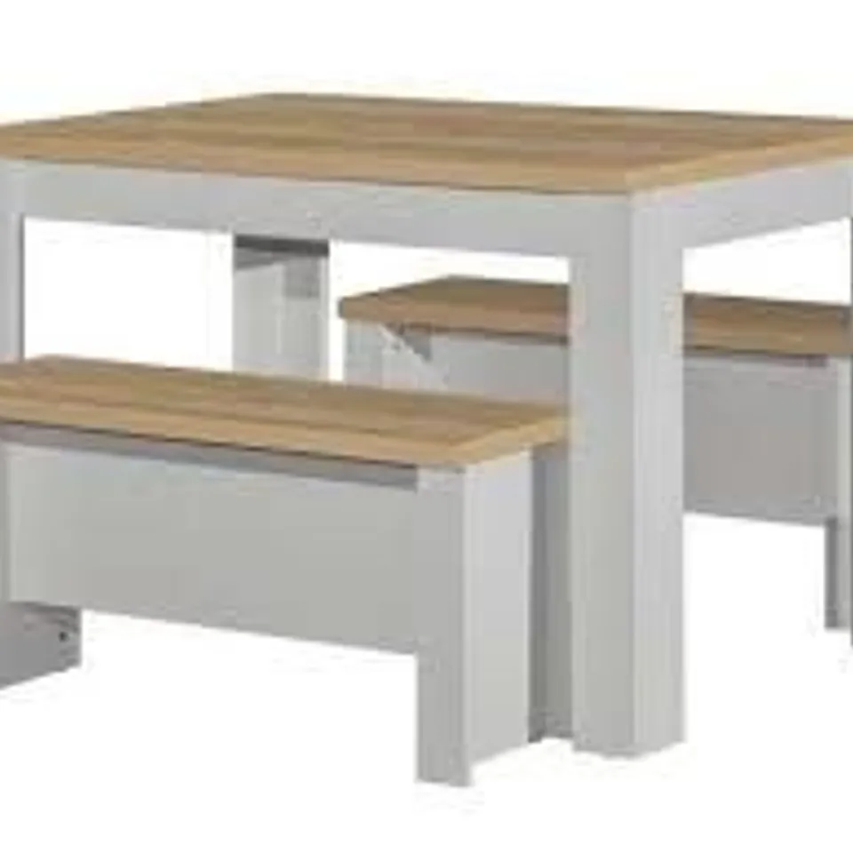 BOXED HIGHGATE DINING TABLE AND BENCH SET GREY AND OAK EFFECT (2 BOXES)
