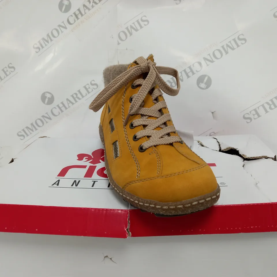 BOXED RIEKER LACE ANKLE BOOTS, YELLOW - SIZE 6