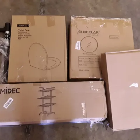 PALLET OF ASSORTED PRODUCTS INCLUDING TOILET SEAT, DRYING RACK, CAR STEERING WHEEL LOCK, HAMSTER CAGE, WALL-MOUNTED MIRROR