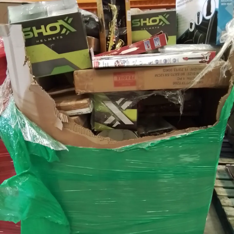 PALLET CONTAINING MIXED BOXED HOUSEHOLD ITEMS TO INCLUDE: KIDS MUSICAL INSTRUMENTS,  SHOX HELMETS, CAR SEAT MASSAGER AND LOTS MORE UNMARKED BOXED ITEMS 