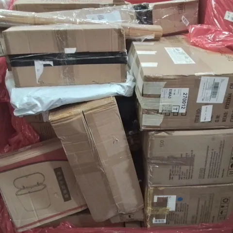 PALLET CONTAINING VARIOUS ASSORTED BOXED HOUSEHOLD ITEMS TO INCLUDE: KIDS ACTIVITY SLIDE SET, CHILDREN'S TRICYCLE, PUNCHBAG HANGER, TRASH BIN AND LOTS MORE UNMARKED BOXED ITEMS 