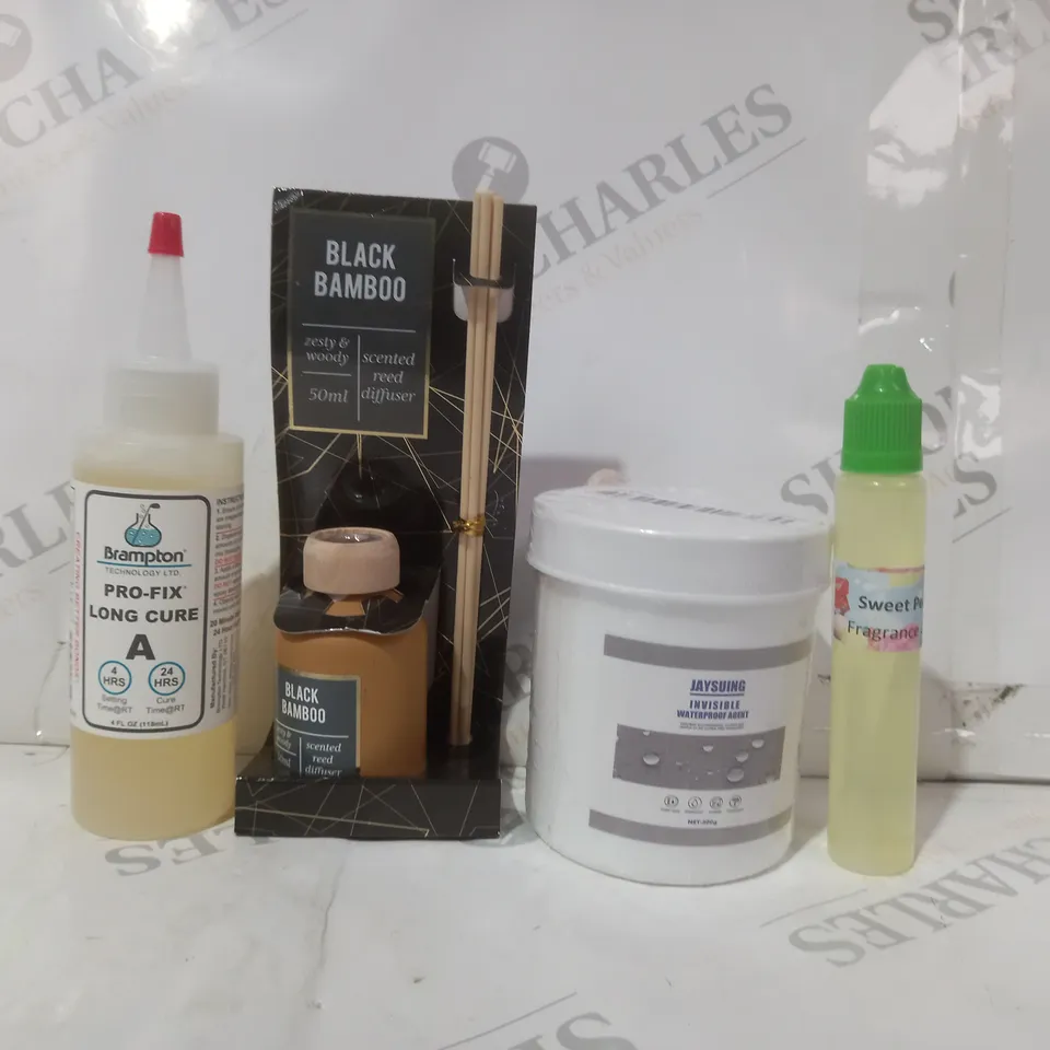 APPROXIMATELY 15 ASSORTED HOUSEHOLD ITEMS TO INCLUDE WATERPROOF AGENT, BLACK BAMBOO REED DIFFUSER, PRO FIX LONG-CURE, ETC