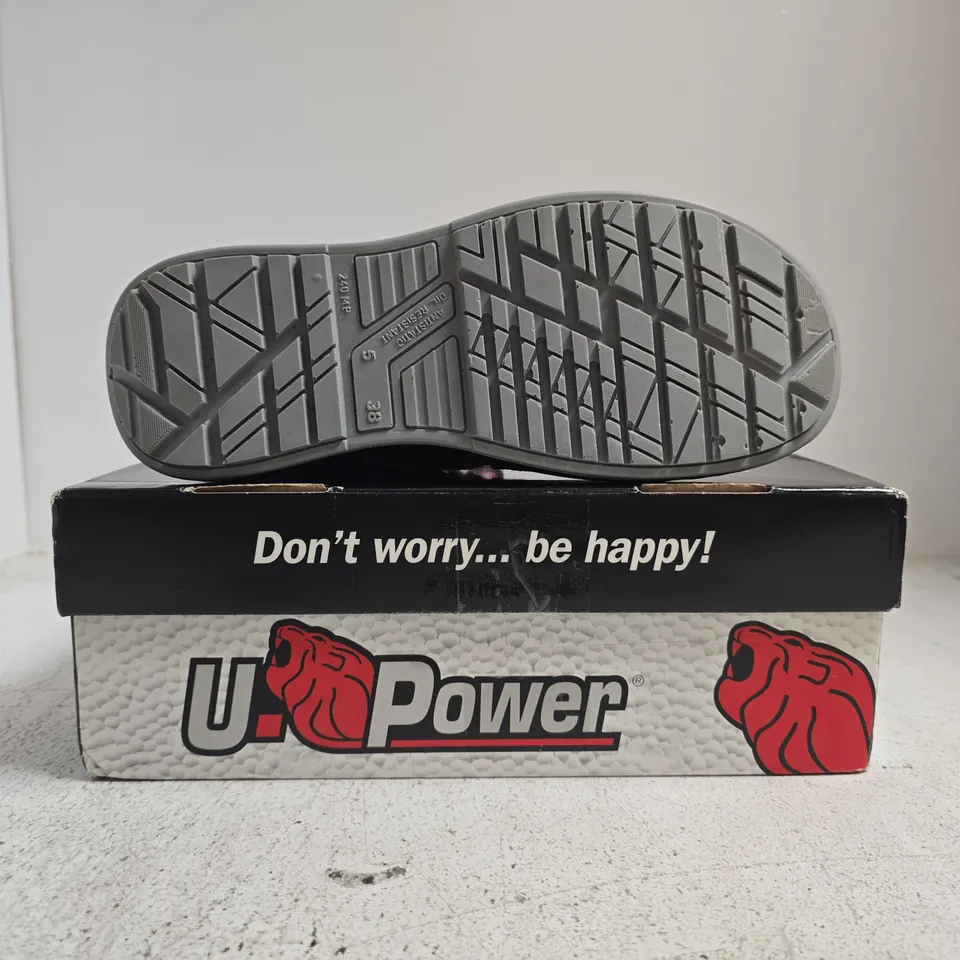 BOXED PAIR OF U.POWER SAFETY TRAINERS IN DEEP BROWN/PINK SIZE UK 5