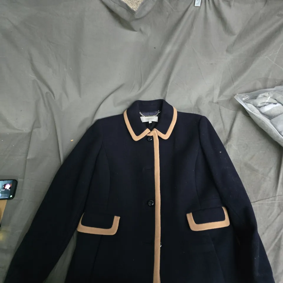HOBBS LONDON NAVY WOOL COAT WITH CAMEL TRIM, UK 14