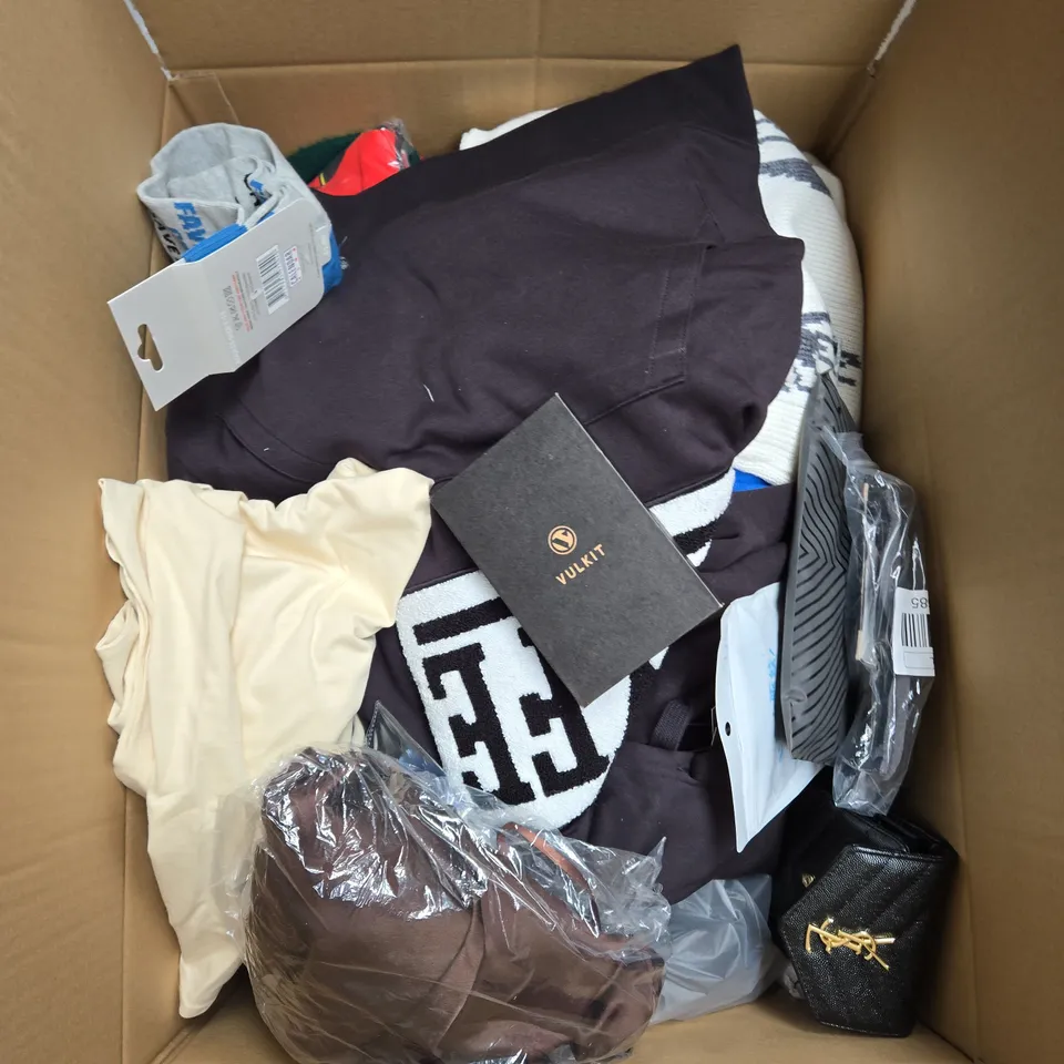 LARGE BOX OF ASSORTED CLOTHING ITEMS IN VARIOUS SIZES, STYLES AND COLOUR 