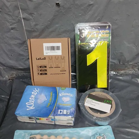 TOTE OF APPROXIMATELY 15 HOUSEHOLD ITEMS TO INCLUDE - HIGH VISIBILITY WHEELIE BIN STICKERS - PACIFIER CLIPS - OSCILATING SAW BLADES