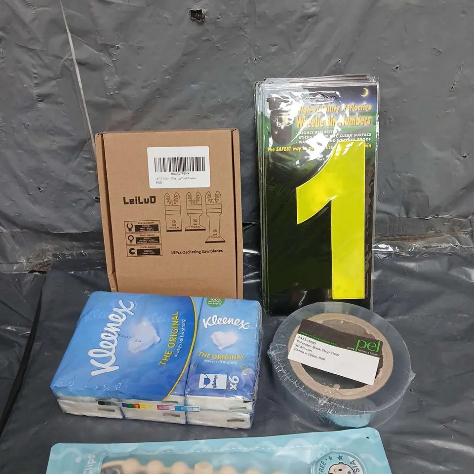 TOTE OF APPROXIMATELY 15 HOUSEHOLD ITEMS TO INCLUDE - HIGH VISIBILITY WHEELIE BIN STICKERS - PACIFIER CLIPS - OSCILATING SAW BLADES