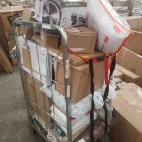 CAGE CONTAINING ASSORTED PRODUCTS INCLUDING CUSHIONS, KETTLE & STAINLESS STEEL PANS