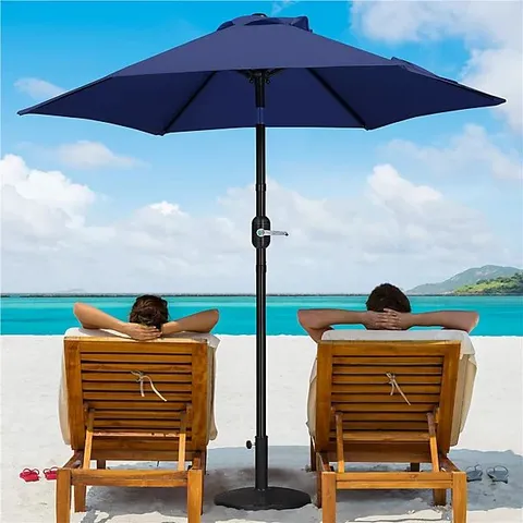 BOXED YAHEETECH NAVY BLUE PATIO MARKET UMBRELLA WITH 6 RIBS PUSH BUTTON TILT AND CRANK OPERATION