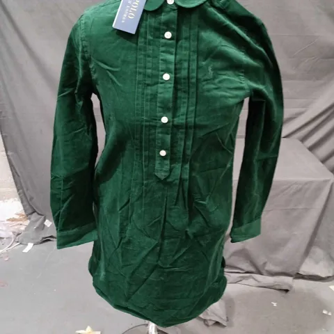 POLO RALPH LAUREN WOMEN'S GREEN VELVET SHIRT DRESS – BUTTON FRONT, COLLAR SIZE UK 14