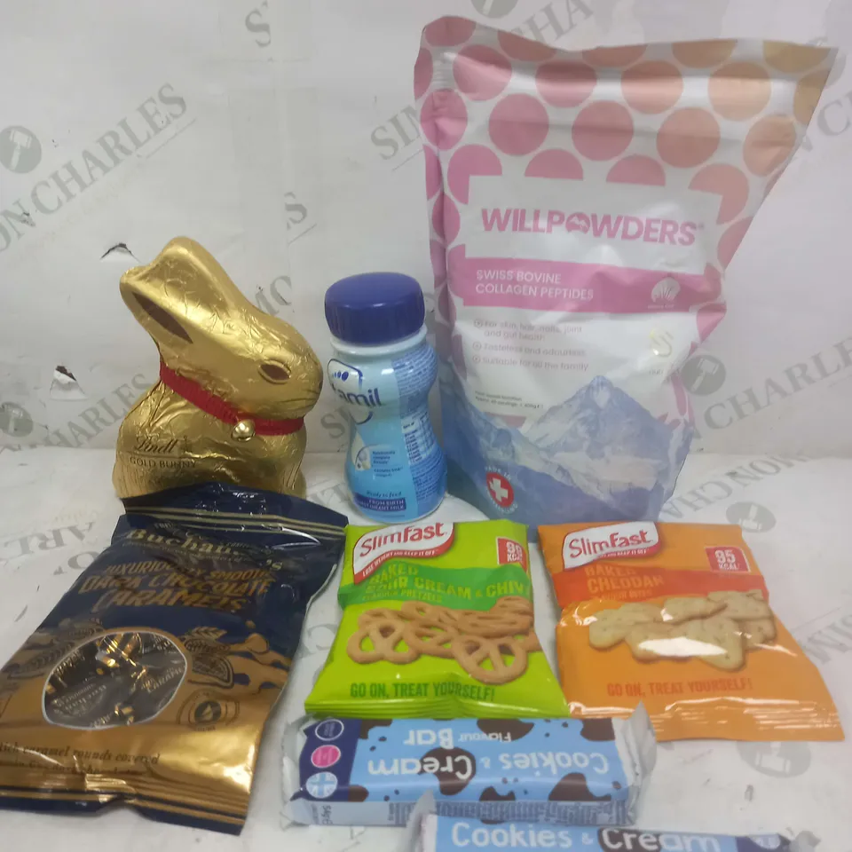 BOX OF APPROXIMATELY 15 ASSORTED COSMETIC ITEMS TO INCLUDE - SLIMFAST CRISP, COOKIES&CREAM BAR, CHOCOLATE ETC