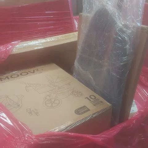 PALLET OF ASSORTED HOUSEHOLD GOODS AND PRODUCTS TO INCLUDE; IRONING BOARD, KINDERKRAFT STROLLER, BOXED FURNITURE ETC