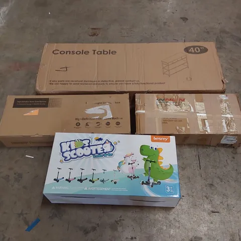 PALLET OF ASSORTED HOUSEHOLD GOODS AND PRODUCTS TO INCLUDE; A LARGE QUANTITY OF KIDS SCOOTERS, CONSOLE TABLE, DUMBELL RACK, BOXED FURNITURE ETC