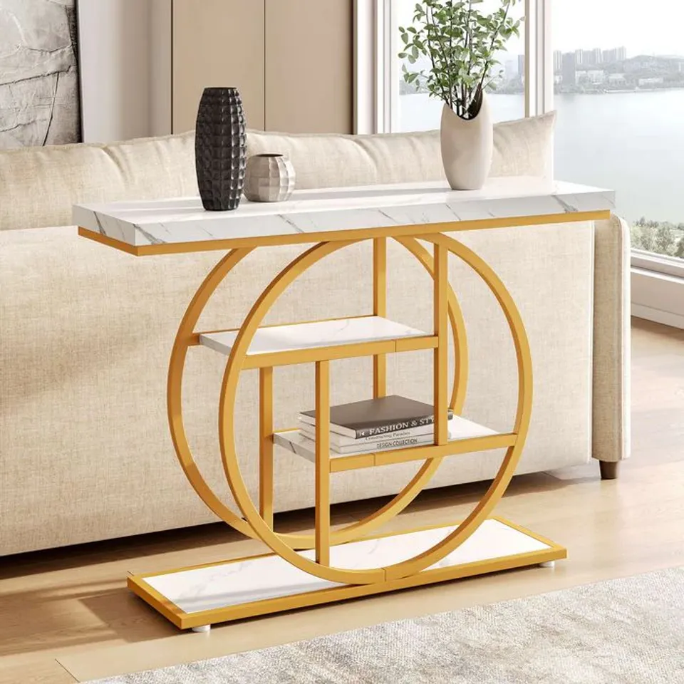 BOXED TRIBESIGNS INDUSTRIAL 4-TIER SOFA TABLE - WHITE/GOLD (1 BOX)