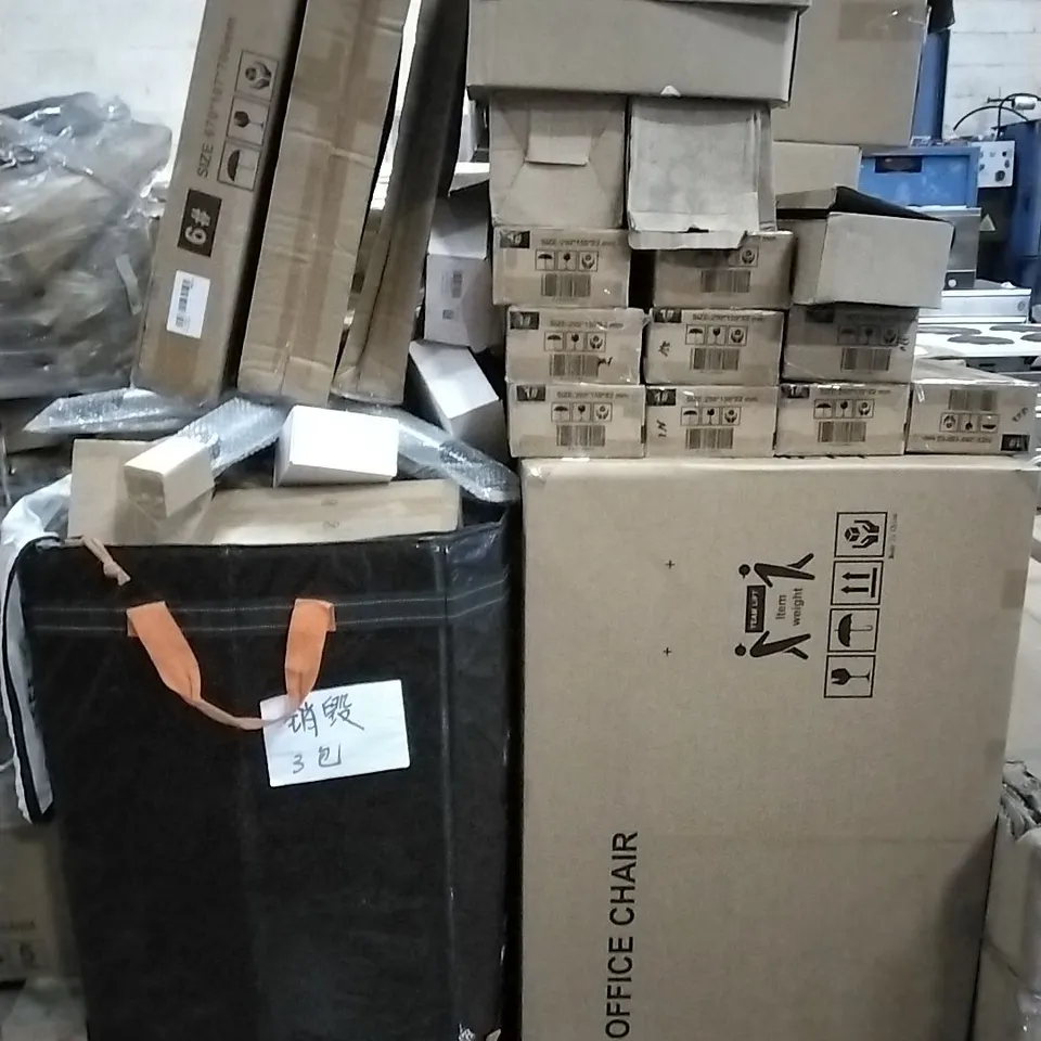 PALLET OF OFFICE CHAIR ACCESSORIES TO INCLUDE CYLINDERS,5 SPOKE CHAIR BASES,OFFICE CHAIR TILT CONTROL MECHANISM AND SNORKELS AND MASKS,