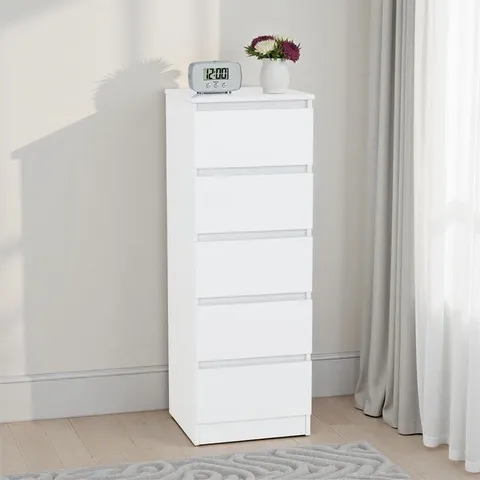 BOXED MALVERN 5 DRAWER NARROW CHEST - WHITE (1 BOX)