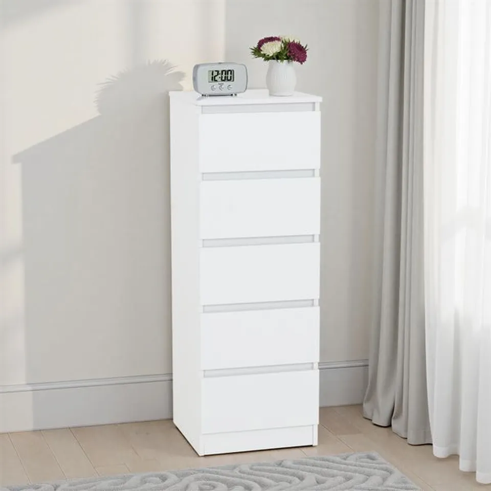 BOXED MALVERN 5 DRAWER NARROW CHEST - WHITE (1 BOX)