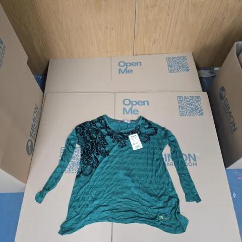 DESIGUAL TEAL LONG-SLEEVE TOP WITH BLACK FLORAL APPLIQUÉ – SIZE XL