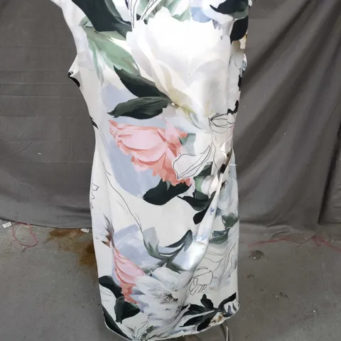 ROMAN WOMEN'S FLORAL DRESS – WHITE WITH PINK/PASTEL PRINT, BACK ZIP, SIZE 18