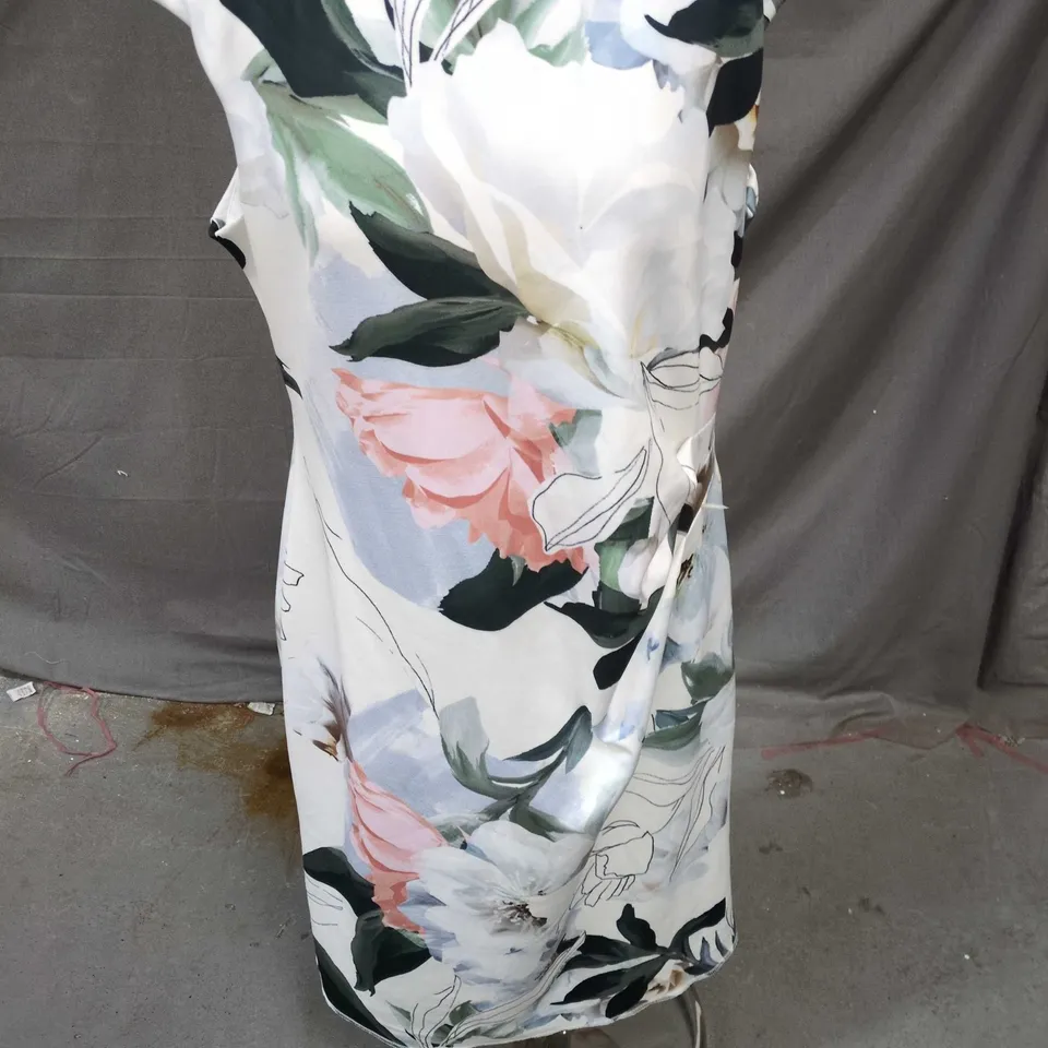 ROMAN WOMEN'S FLORAL DRESS – WHITE WITH PINK/PASTEL PRINT, BACK ZIP, SIZE 18