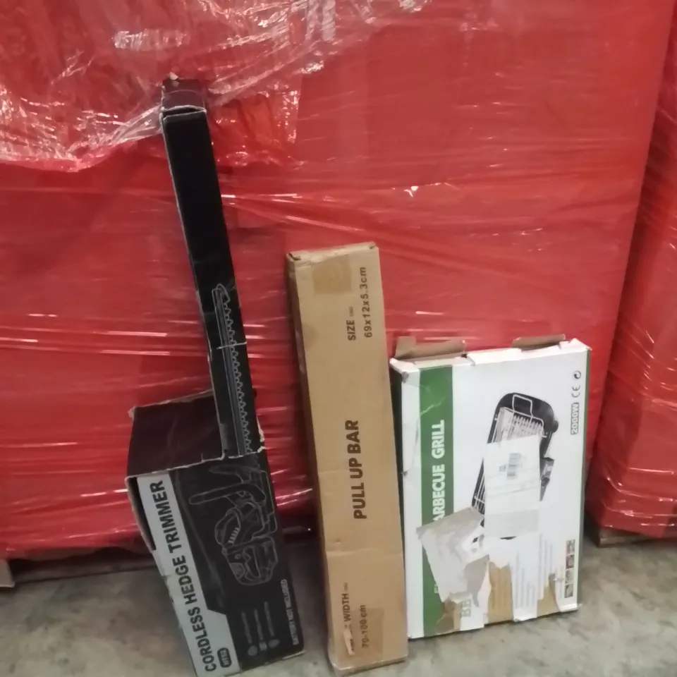 PALLET OF ASSORTED HOUSEHOLD GOODS AND PRODUCTS TO INCLUDE;BARBECUE GRILL,PULLUP BAR,CORDLESS HEDGE TRIMMER 