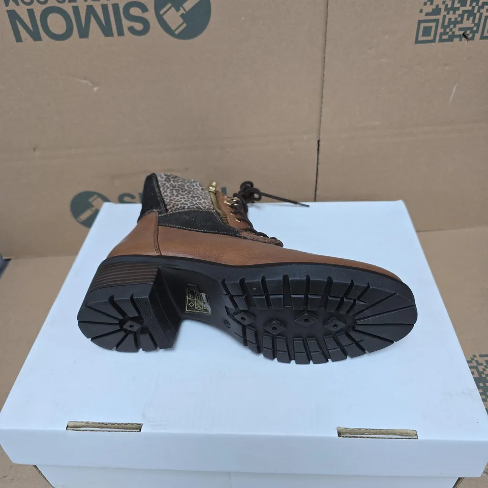 LOTUS WOMEN'S BROWN LEATHER BOOT WITH LEOPARD PRINT PANEL – GOLD ZIP & LACE-UP SIZE 6 BOXED