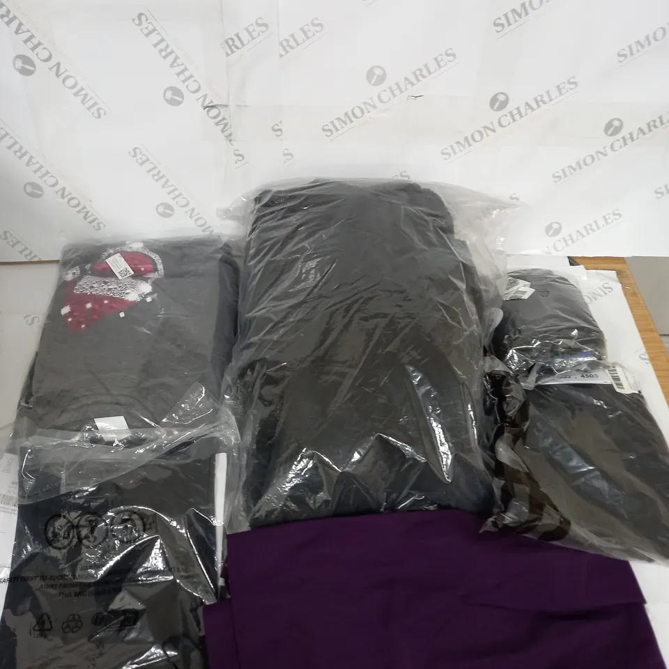 LARGE BOX OF ASSORTED CLOTHING ITEMS IN VARIOUS COLOURS AND SIZES INCLUDING TROUSERS , TOPS AND JUMPERS 