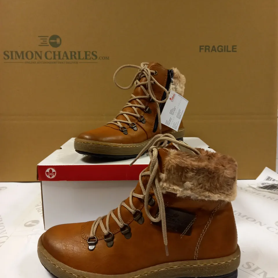BOXED PAIR OF RIEKER LACE UP ANKLE BOOTS - TAN - UK SIZE 4