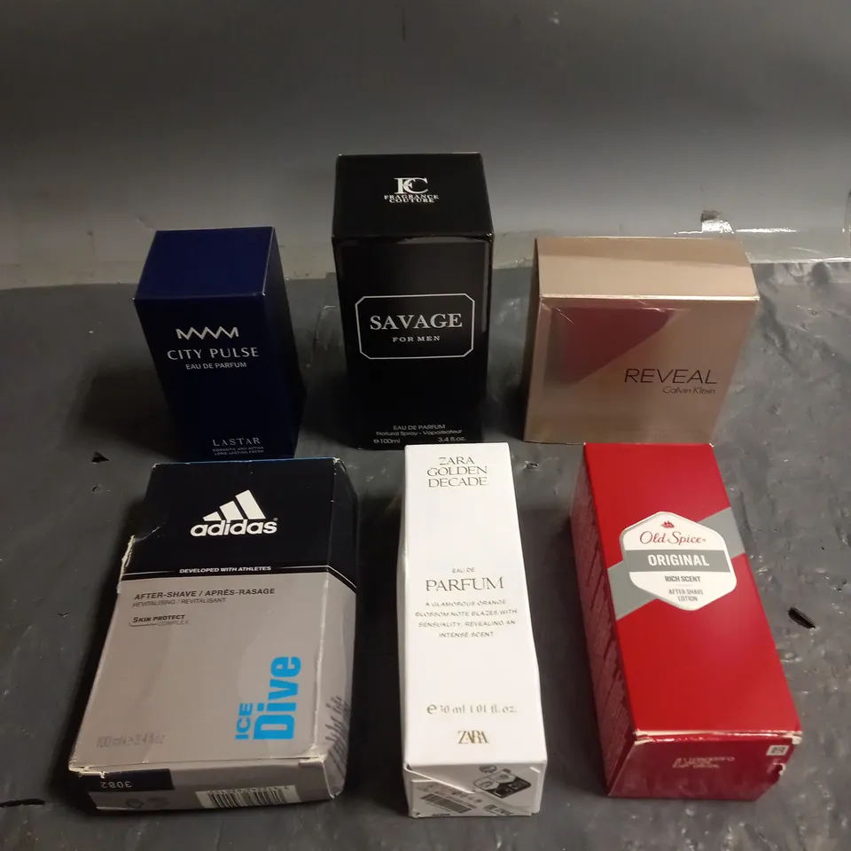 BOX OF APPROXIMATELY 6 ASSORTED BOXED FRAGRANCES TO INCLUDE - CALVIN KLEIN REVEAL - OLD SPICE ORIGINAL AFTER SHAVE LOTION - ADIDAS ICE DIVE AFTER SHAVE - ETC