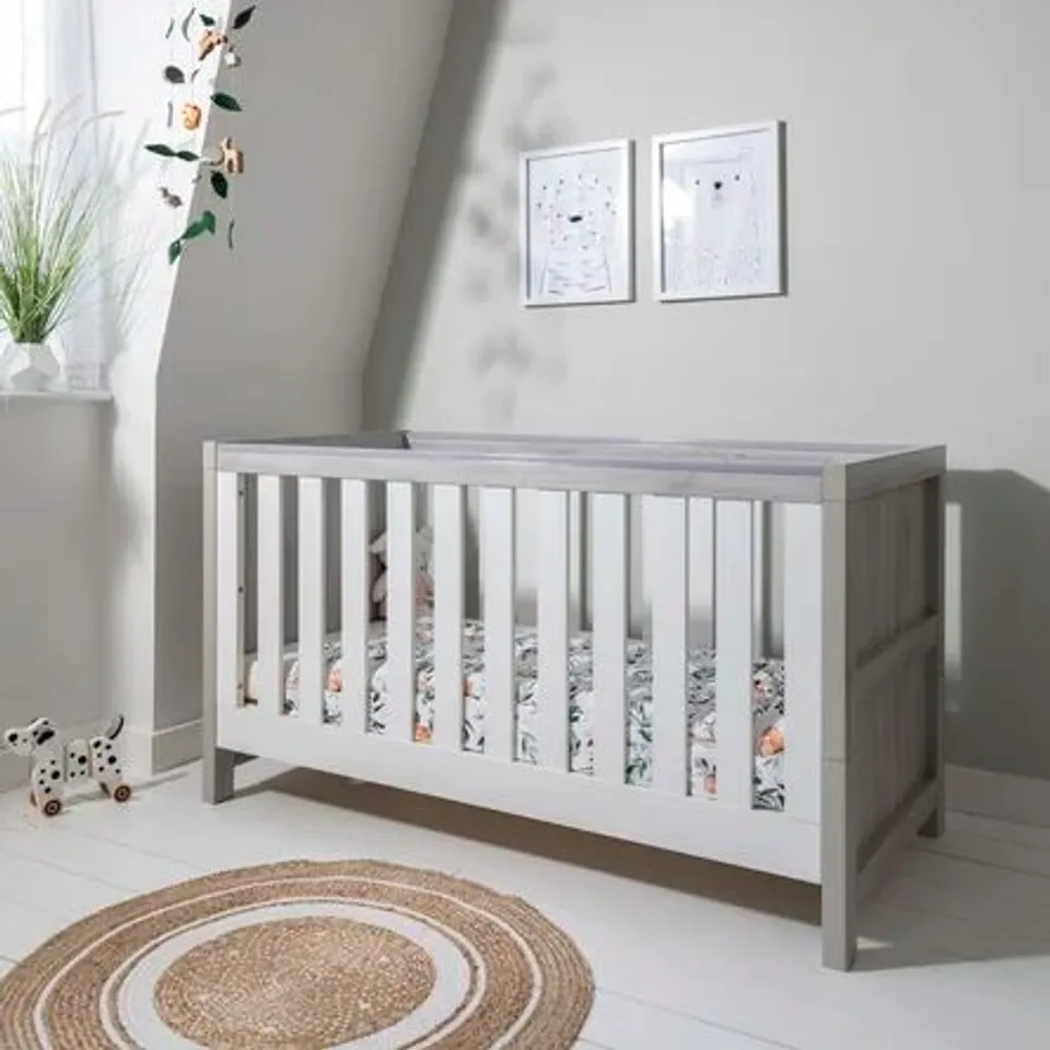 BOXED MODENA COT BED 2-PIECE FURNITURE NURSERY SET, GREY ASH & WHITE FINISH (2 BOXES)