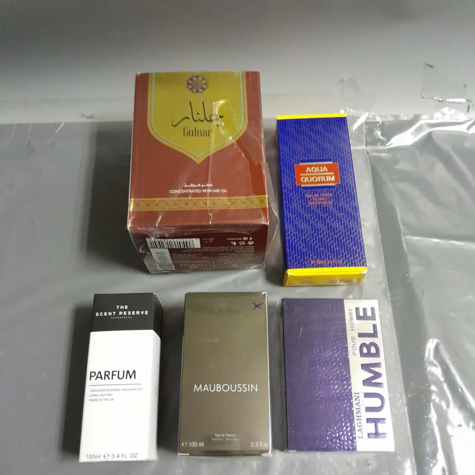 BOX OF APPROXIMATELY 5 ASSORTED BOXED FRAGRANCES TO INCLUDE - LAGHMANI HUMBLE - AQUA QUORUM - MAUDOUSSIN EAU DE PARFUM - ETC
