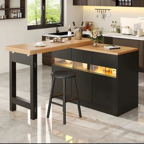 BOXED 180CM EXTENDABLE BAR TABLE WITH LED 360 ROTATION COUNTERTOP AND 3 DOORS - BLACK (2 BOXES)