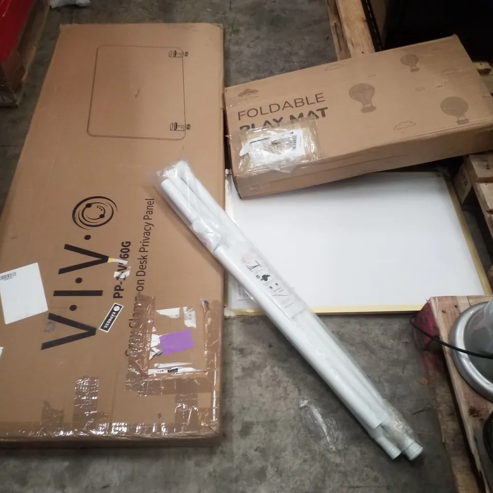 PALLET CONTAINING ASSORTED PRODUCTS INCLUDING GREY CLAMP ON DESK PRIVACY PANEL, CURTAIN RODS, PICTURE FRAME & FOLDABLE PLAY MAT