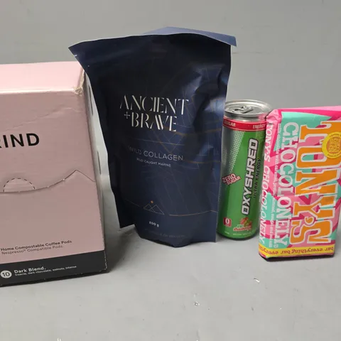 APPROXIMATELY 9 ASSORTED FOOD ITEMS TO INCLUDE - GRIND DARK BLEND , OXYSHRED , TONYS CHOCOLATE ETC